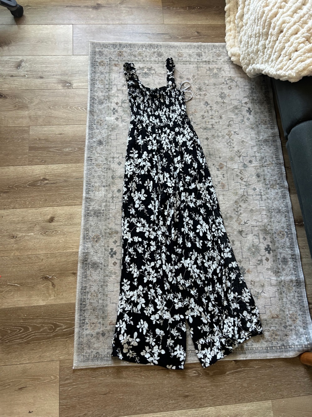 Lulu's Black & White Floral Smocked Jumpsuit